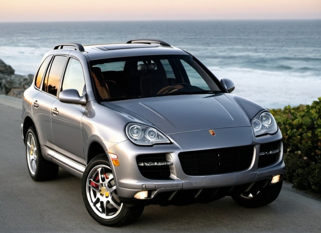 Prompt: Grey 2007 Porsche Cayenne S in front of ocean