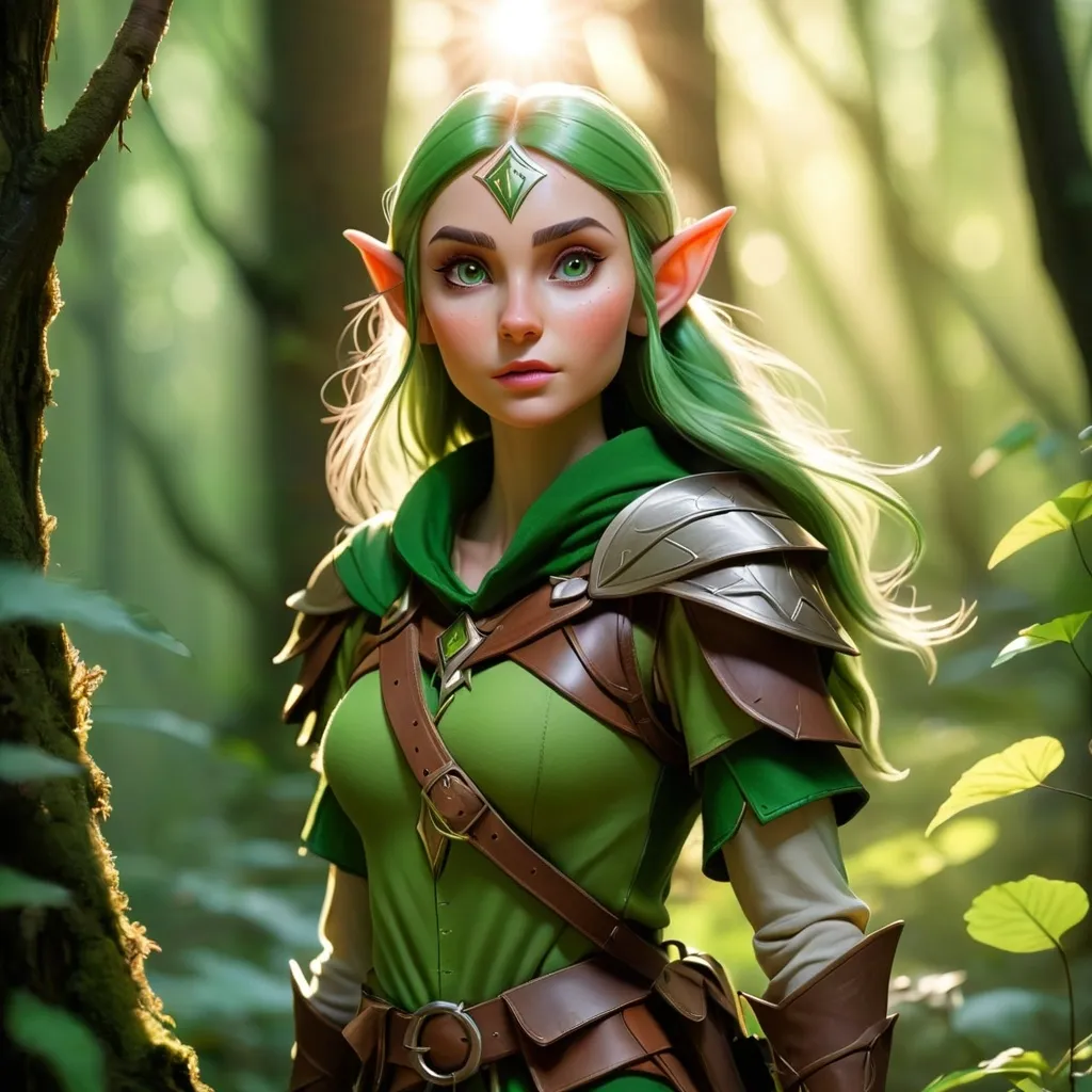 Prompt: Elf ranger in a mystical forest around sunlight
