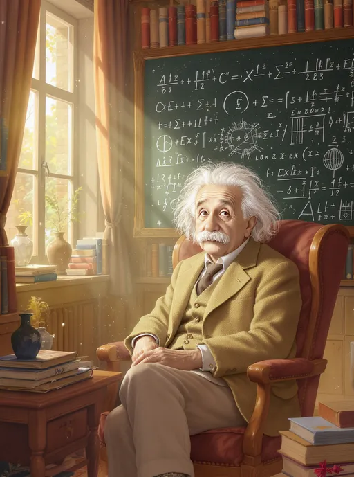 Prompt: A wonderful artistic portrait of Albert Einstein in a cozy study room, surrounded by books, warm sunlight streaming through the window, a chalkboard filled with equations behind him, giving a creative and inspiring atmosphere.”