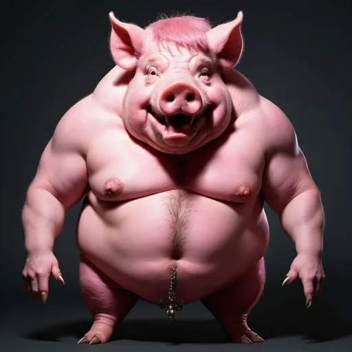 Prompt: Beware the beast Man, He is the Devil's pawn. half human half pink pig. head, fur, belly of the pig. 