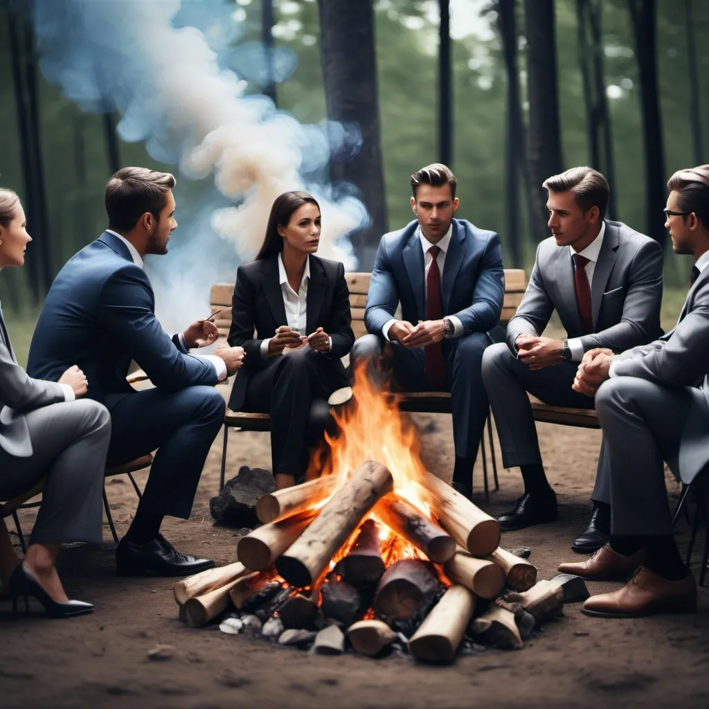 Prompt: Create an image of several business people that are wearing suits sitting around a campfire and discussing