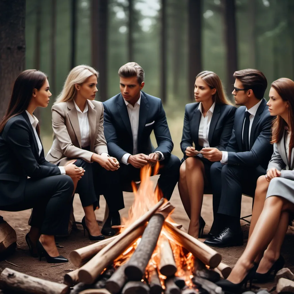 Prompt: Create an image of several female and male business people that are wearing suits sitting around a campfire and discussing a project.