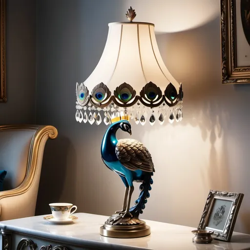 Prompt: A living room lamp in the style of Pride and Prejudice, incorporating the symbolic meaning of the peacock from this era. It should feature versatile lighting, with an oval surface, made of steel and crystals in a Baroque style, offering downward illumination and creating a warm atmosphere