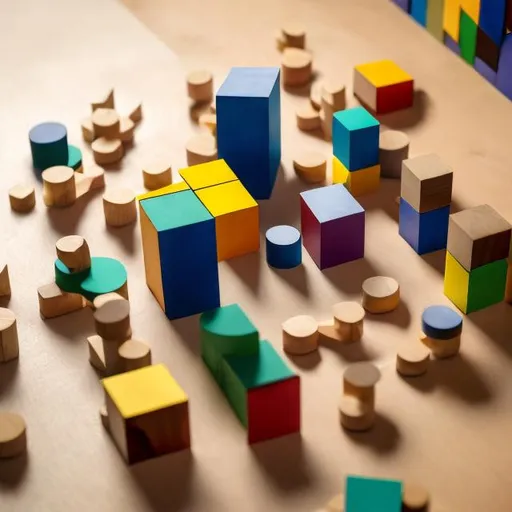 Prompt: A conceptual (((abstract art piece))), featuring a complex ((puzzle of a classroom)) being assembled on a ((solid wooden table)), with interlocking shapes and colors coming together in a thoughtful composition
