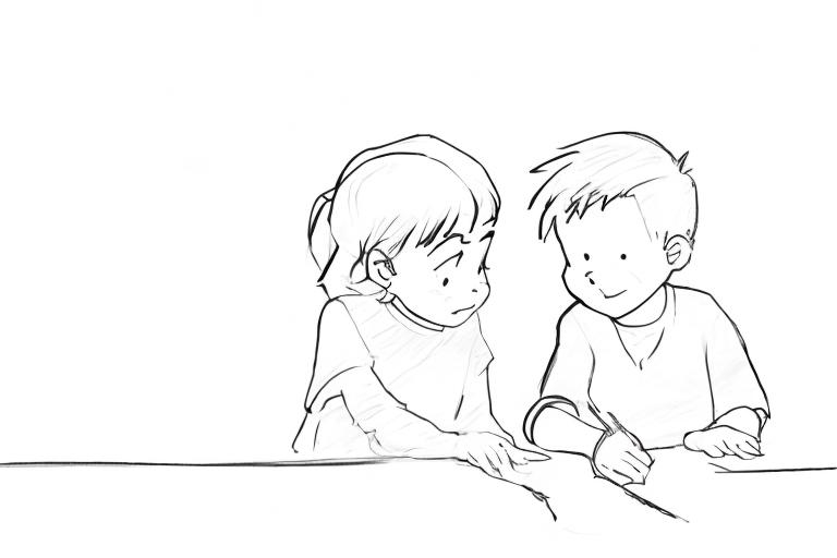 Prompt: 1 young boy and 1 young girl talking drawing