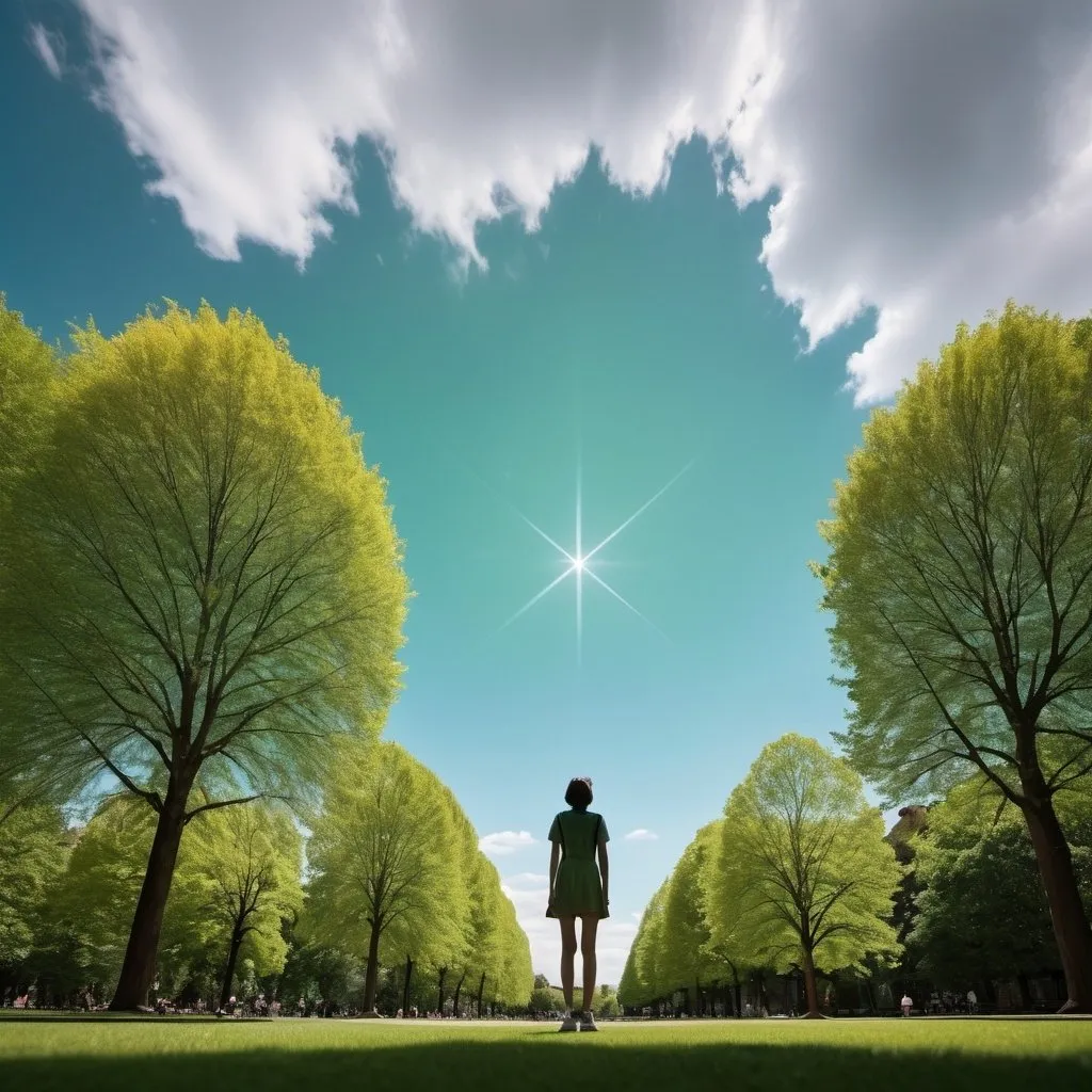 Prompt: A person standing in a square, looking up at the sky. The person should be clearly visible in the center of the image, without wings, with a contemplative expression. The square is surrounded by green trees, manicured lawns and pedestrian paths. In the sky, there should be a subtle and luminous silhouette of an angel, which does not dominate the image but is visible and clearly distinguishable. The atmosphere should be calm and serene, with a mostly clear sky or some soft clouds. The colors should be natural, with a touch of heavenly light in the angel's silhouette to highlight its presence without overshadowing the person in the square.