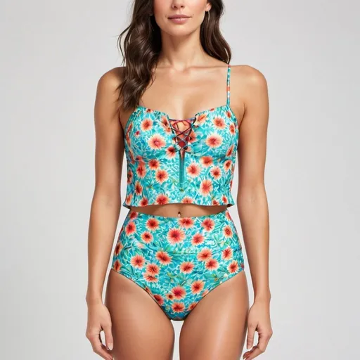 Prompt: Design a bohemian swimwear for women made of silk with bright colors and floral print. The outfit is suitable for beach during summer. It features a slimFit fit, boatNeck neckline, sleeveless sleeves, and crop length. The closure type is zipper and it includes embroidery. The functionality aspects include waterproof. It is a biodegradable product priced in the luxury range, fitting the exclusive brand identity.