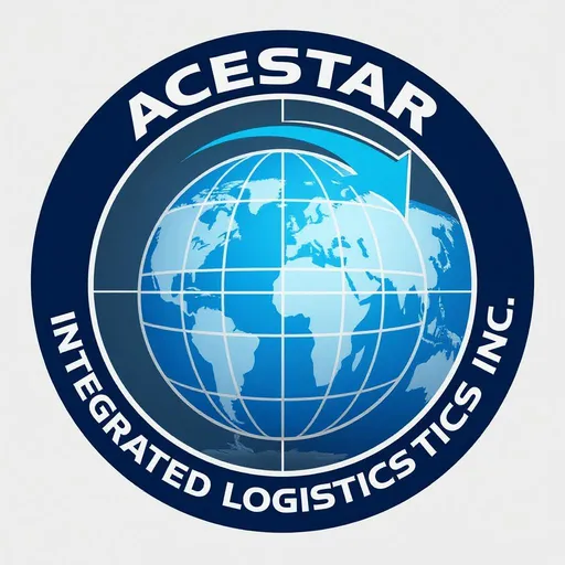 Prompt: A circular logo features a prominent blue globe with a grid pattern, symbolizing global logistics and connectivity. Inside the globe, the map highlights various regions, emphasizing the company's wide reach. An arrow, arching above the letters "AILI," is rendered in a vibrant blue, suggesting movement and direction. Surrounding the globe, the words "ACESTAR" and "INTEGRATED LOGISTICS INC." are inscribed in bold, white letters, conveying a sense of professionalism and reliability. The overall color scheme of blues and whites evokes trust and dependability, reflecting the company's mission in integrated logistics solutions.