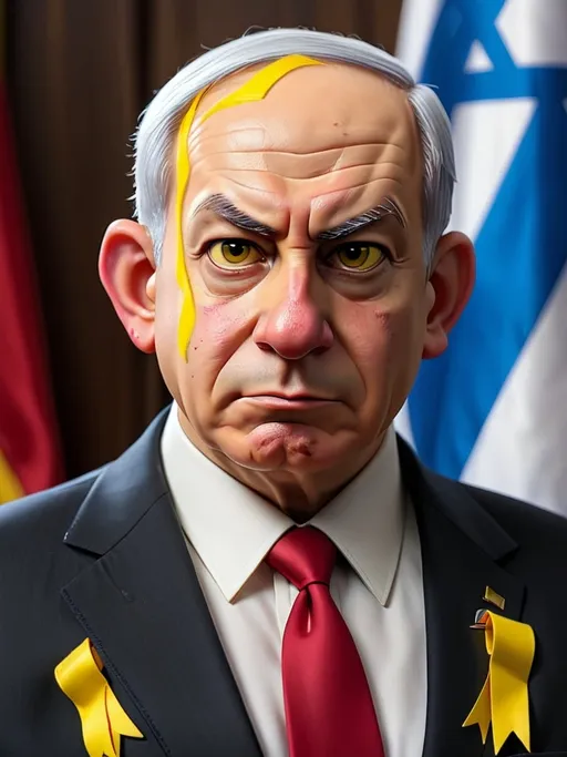 Prompt: Benjamin Netanyahu wearing a suit with red tie and a yellow ribbon pin. He looks skinny, tired and sick with an evil face. His hair is messy showing his bald head underneath. He has brown eyes.
