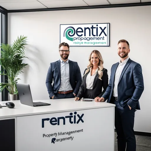 Prompt: make me an image with 3 people at an office environment and rentix property management sign in the back