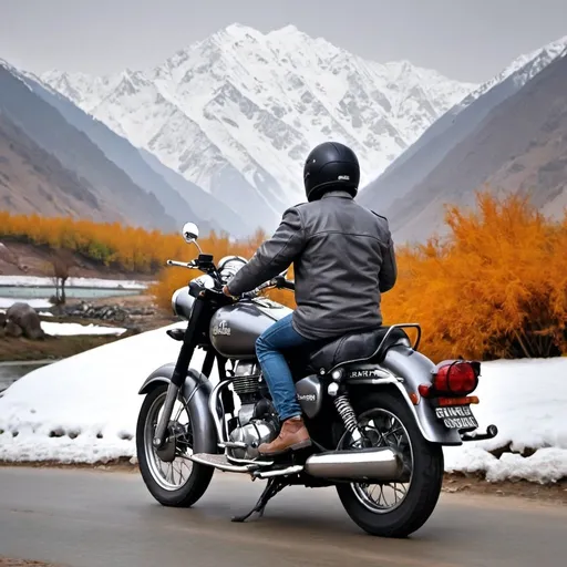 Prompt: An image of a back side of a rider on a gunmetal grey classic 350 with snowy mountains in the backgourd. The image is in kashmir and the motorcyle is royal enfied classic 350. 