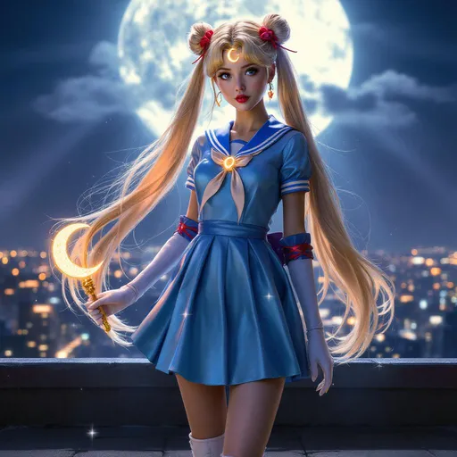Prompt: ultra-realistic full-body portrait of a magical girl inspired by Sailor Moon, standing on a rooftop under a glowing full moon, long silky blonde hair in twin tails with buns, shimmering blue sailor-style uniform with short pleated skirt, red ribbon bow, white gloves, knee-high boots, crescent moon tiara glowing on forehead; dynamic pose, holding a glowing magic staff shaped like a crescent, city skyline in the background with sparkling lights, dramatic moonbeam rays, cinematic composition, masterpiece, high detail, SDXL quality photoreal --negative lowres, blurry, cartoon, anime style, out of focus, extra limbs, bad hands, deformed anatomy, waxy skin, watermark, text, signature, duplicate person