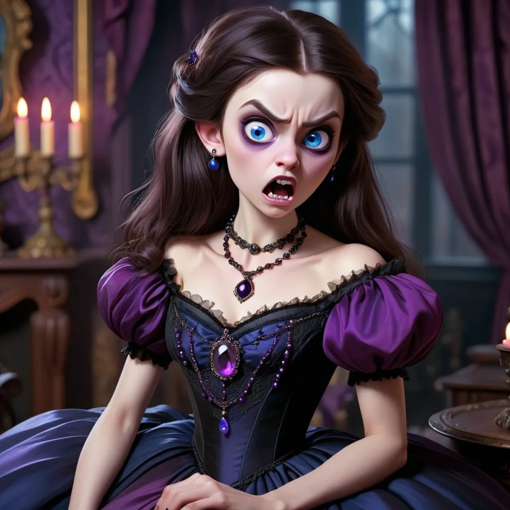 Prompt: Dark brown haired victorian female vampire, with blue and purple eyes, wearing a black and purple ballgown with an amethyst necklace, looking terrified