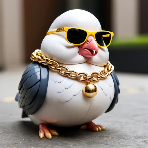 Prompt: Chubby pigon with sunglasses and gold chain 
