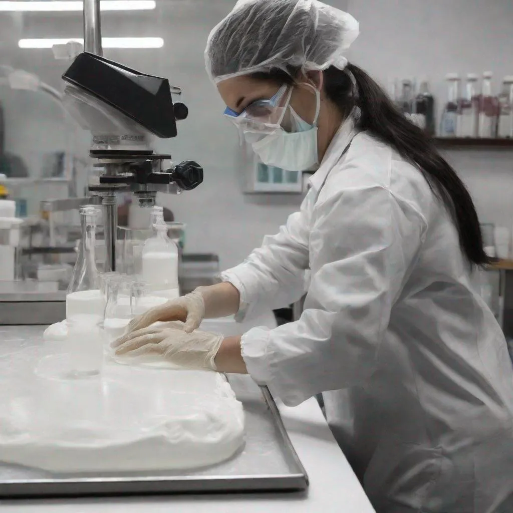 Prompt: foto realizando una emulsión en el laboratorio.
