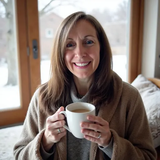 Prompt: Rachel sitting by window looking out on a snowy day, snow slowly falling, wrapped in a soft comforting blanket holding a hot cup of tea, general natural light, peaceful and serene atmosphere 