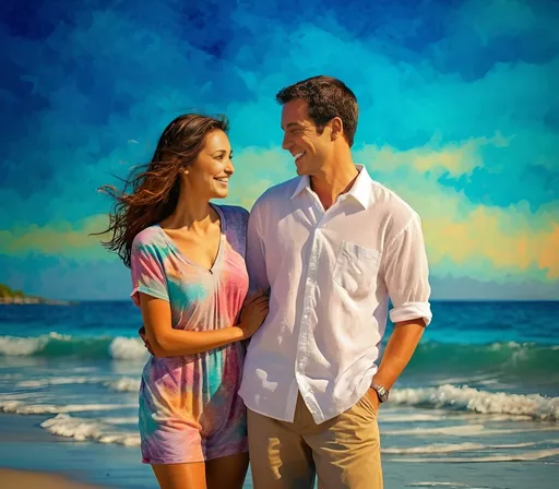 Prompt: Ocean scene (man and woman standing together), smiling warmly at each other, gentle waves lapping at their feet, vibrant tachisme art style, colors splashed dramatically, soft, warm lighting, relaxing beach backdrop, playful ambiance, photocopy effect adding depth, inviting and cheerful atmosphere, ultra-detailed, high quality.