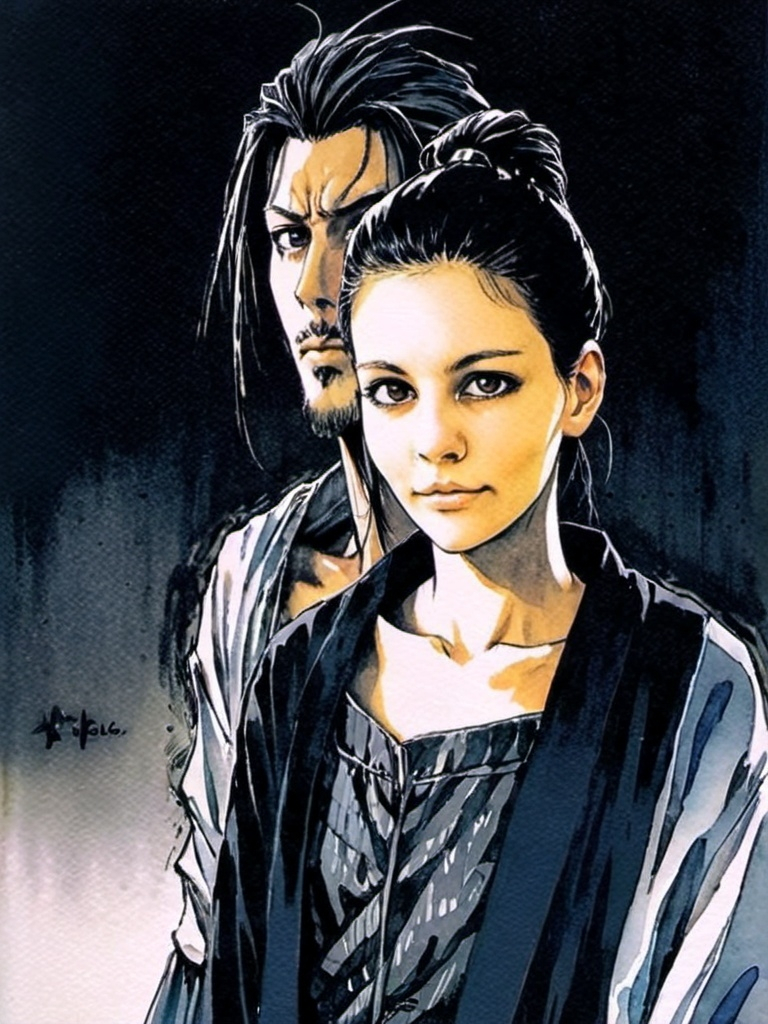 Prompt: detailed portrait in vagabond manga by takehiko inoue, black ink, make it watercolour style but only with black ink, self portrait dark gothic style, in a mori kei inspired outfit. Modest clothes that cover the chest. Only one person in the photo.