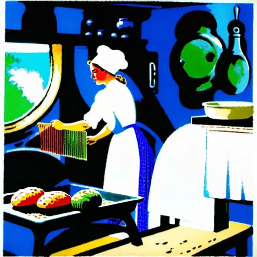 Prompt: woman baking bread in a kitchen,hand-colored vintage English engraving circa 20th century, colorful, romanticism,full body