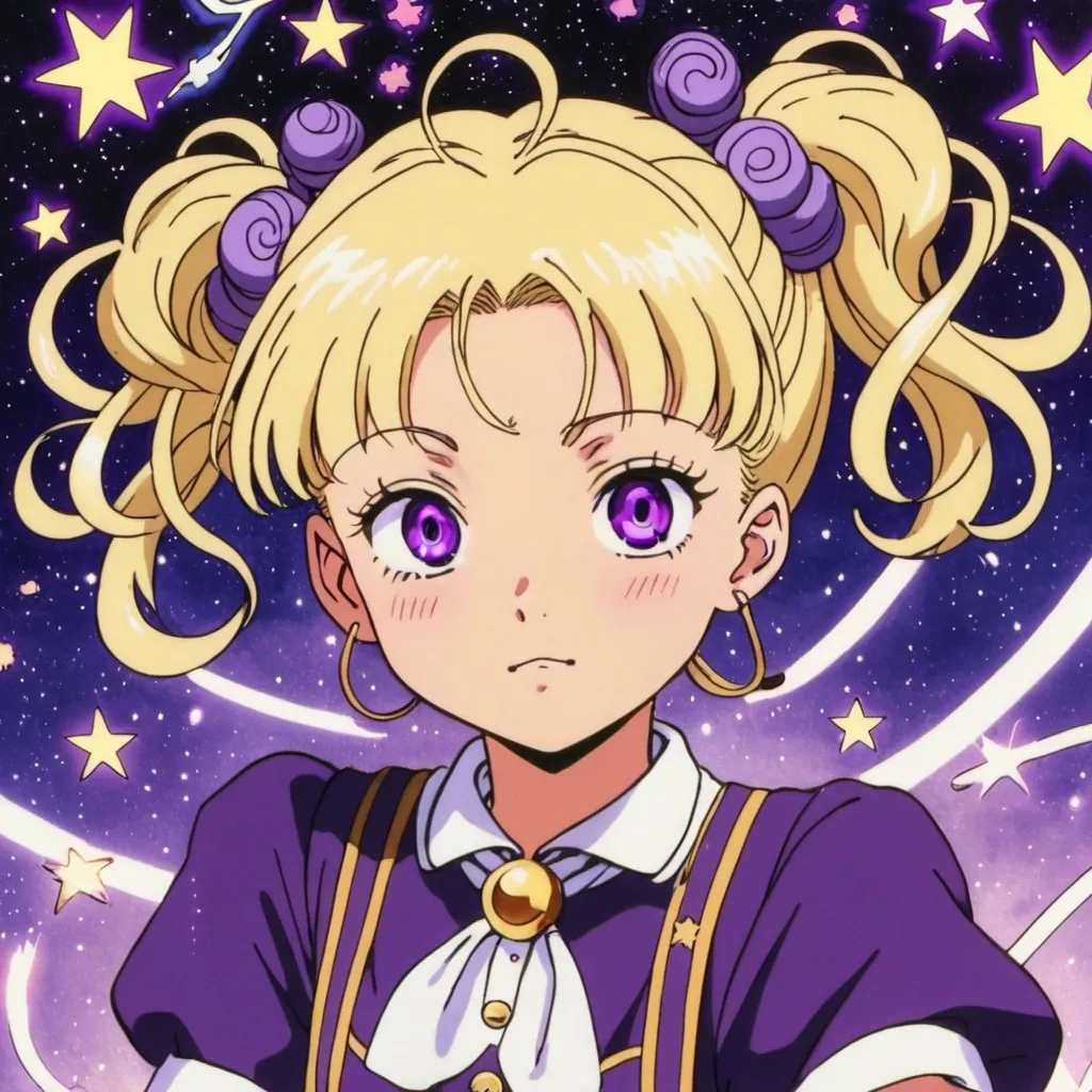 Prompt: 1990s anime screencap, a blonde school girl, purple Space buns, surrounded by stars and magics sparkle swirls, anime scene