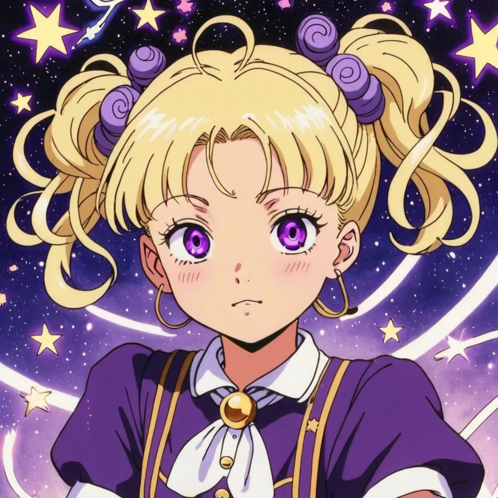 1990s anime screencap, a blonde school girl, purple...