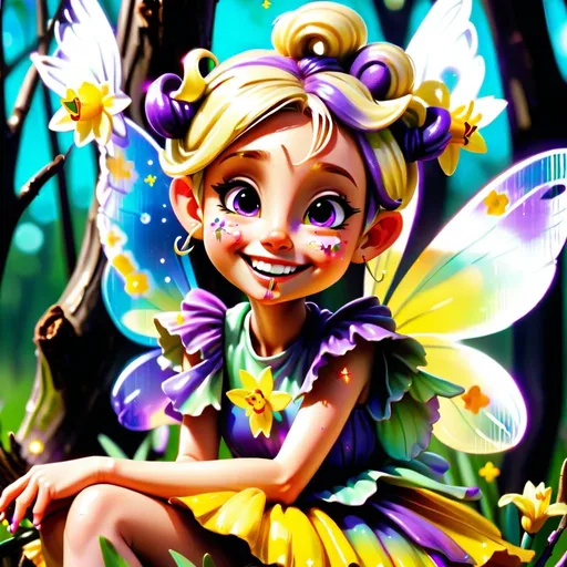 Prompt: Disney-style tiny fairy girl with daffodil dress, shimmering wings, blonde and purple space buns, happy smile, vibrant colors, sunny, sitting on a tree branch, watching frogs playing, high quality,