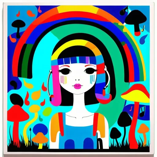 Prompt: An art girl, whimsical, thin line art, flat color illustration, high quality painting supplies, music notes, mushrooms, rainbow colors
