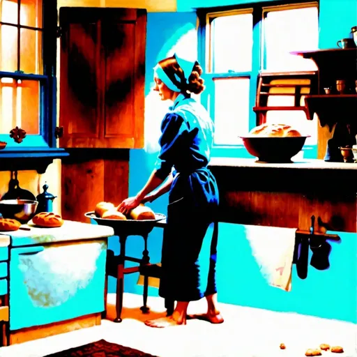 Prompt: woman baking bread in a kitchen,soft vintage muted colors, Norman Rockwell-Style,full body