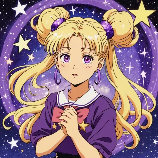 Prompt: 1990s anime screencap, a blonde school girl, purple Space buns, surrounded by stars and magics sparkle swirls, anime scene, with the words, "believe in your magic, even when others don't"