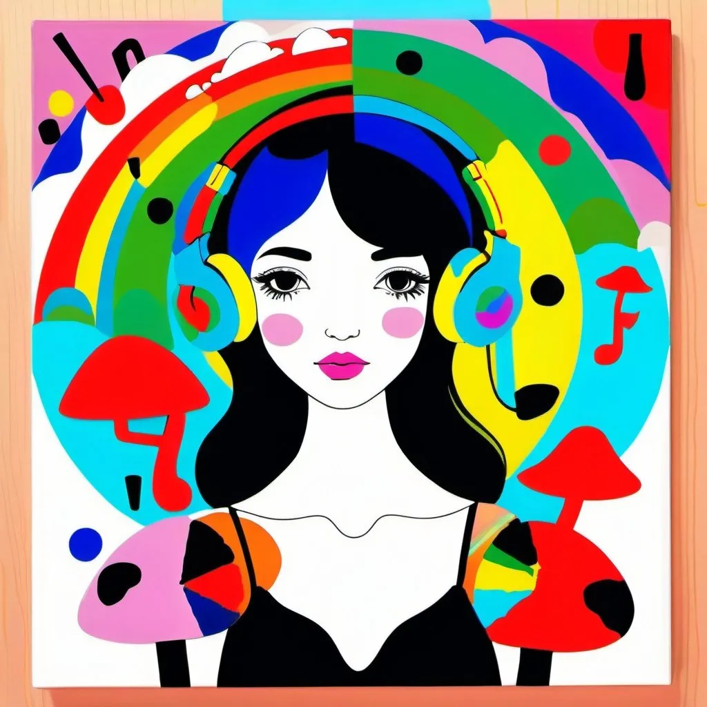 Prompt: A art girl, whimsical, thin line art, flat color illustration, high quality painting supplies, music notes, mushrooms, rainbow colors
