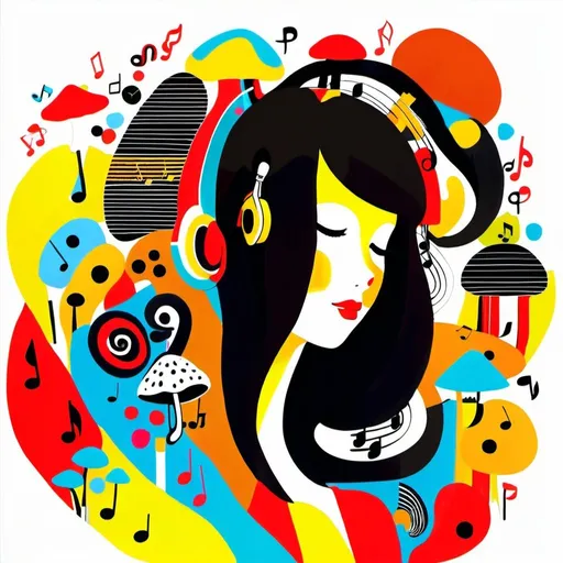 Prompt: A art girl, whimsical, thin line art, flat color illustration, high quality painting supplies, music notes, mushrooms
