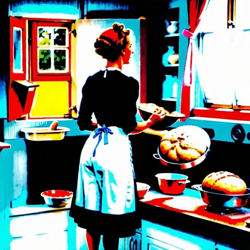 Prompt: woman baking bread in a kitchen,hand-colored vintage circa 20th century, soft vintage muted colors, Norman Rockwell-Style,full body