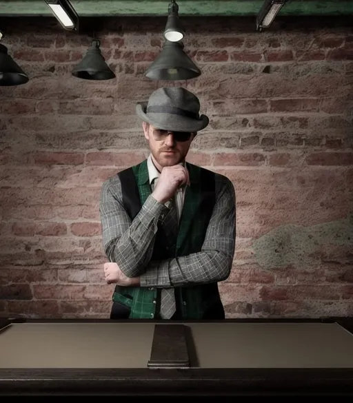 Prompt: Realistic digital portrait of an Irish man, red brick dive bar background, wearing a white long sleeve shirt, aviator sunglasses, dark gray news boy hat, solid green tie, gray and black plaid vest, black dress pants, high quality, realistic, detailed facial features, professional, Irish mafia style, natural lighting, neutral tones, detailed clothing