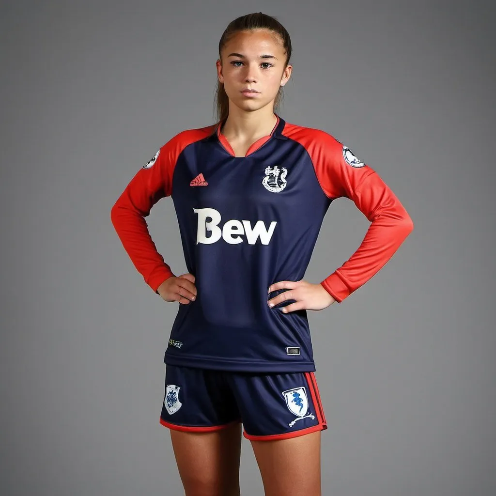 Prompt: long shot, unathletic premier league player transfer unveiling photo, pretty young woman, ponytail, hands on hip