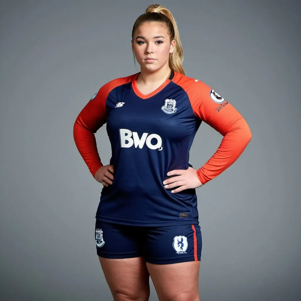 Prompt: long shot, premier league player transfer unveiling photo, plus size, pretty young woman, ponytail, hands on hip