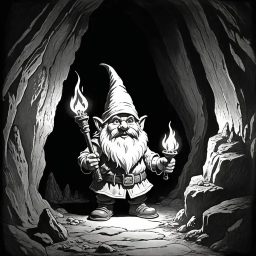 Prompt: 1970s dark fantasy book cover paper art dungeons and dragons style drawing of a gnome in a cave with a torch