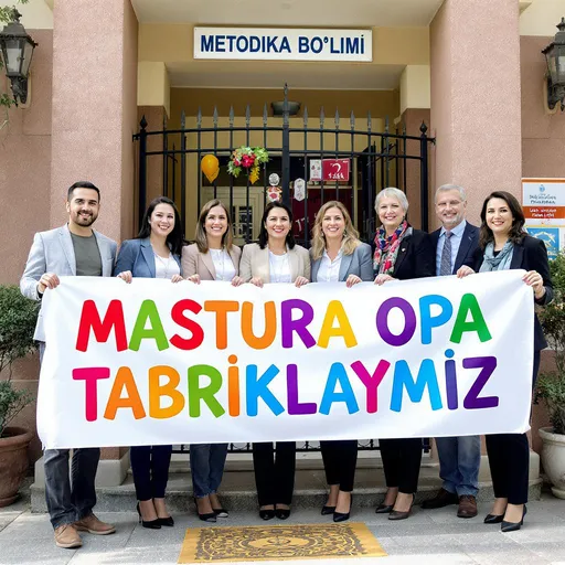 Prompt: A group of smiling teachers standing together, holding a large banner that reads “MASTURA OPA TABRIKLAYMIZ” in bold colorful letters. They are standing in front of a school building entrance, and above the gate, there is a visible sign that says “METODIKA BO‘LIMI”. The atmosphere is festive and joyful, with natural daylight, cheerful expressions, and a professional photo composition.