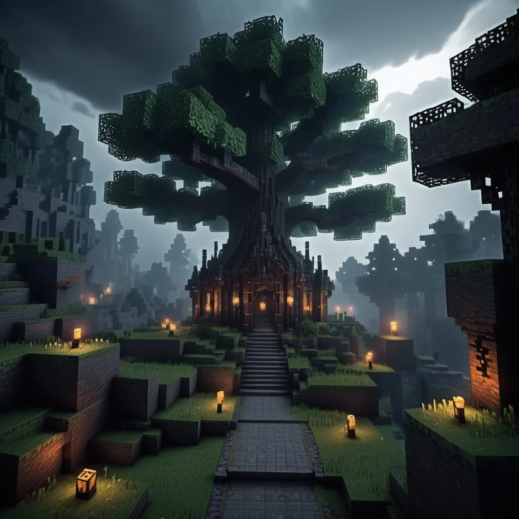 Prompt: Minecraft landscape in a dark fantasy steel 