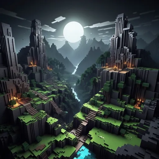 Prompt: Minecraft landscape in a dark fantasy steel 