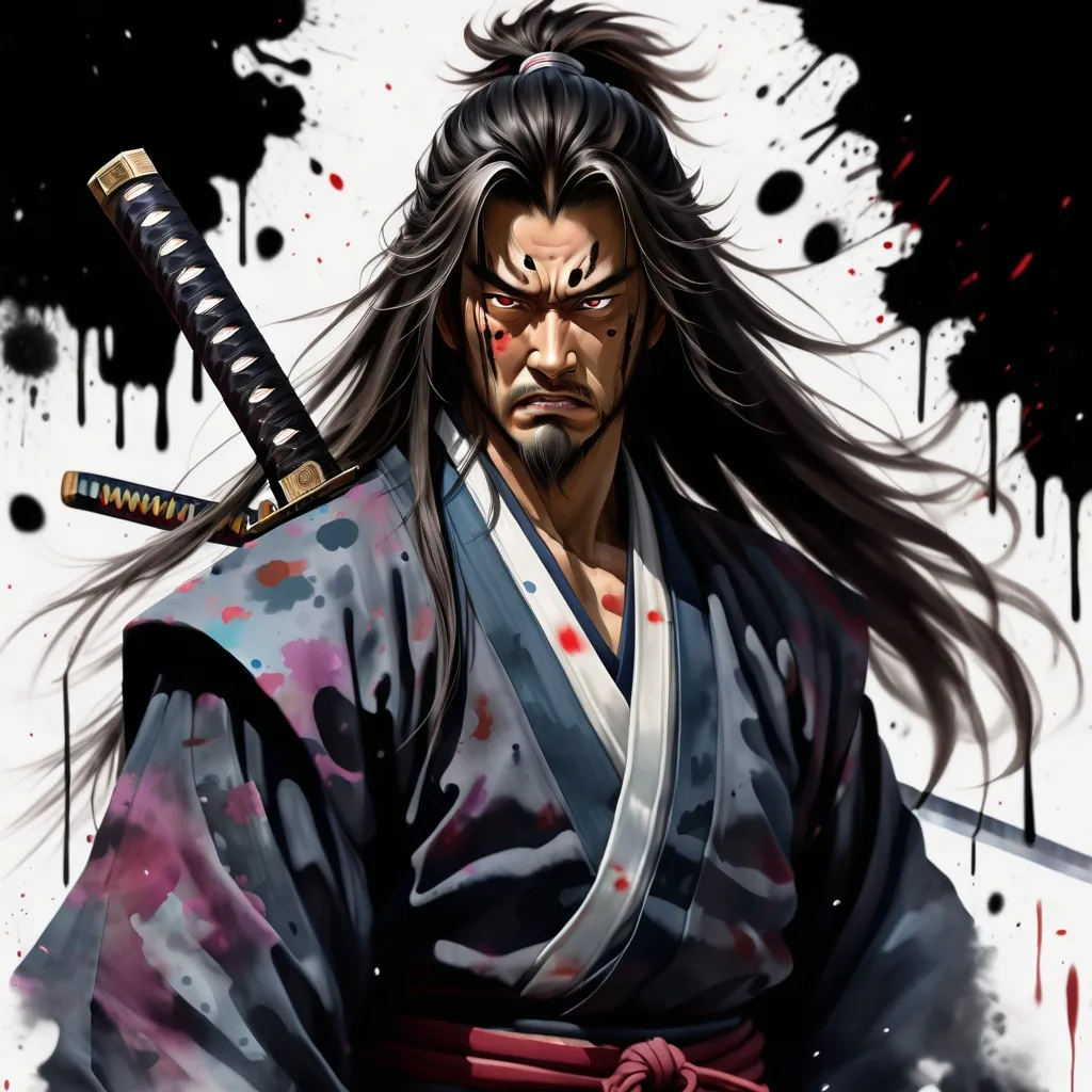 Prompt: digital watercolour painting , a samurai with long hair, aggressive face and angry eyes, holding a katana,paint splatter, black bold brush Strokes 