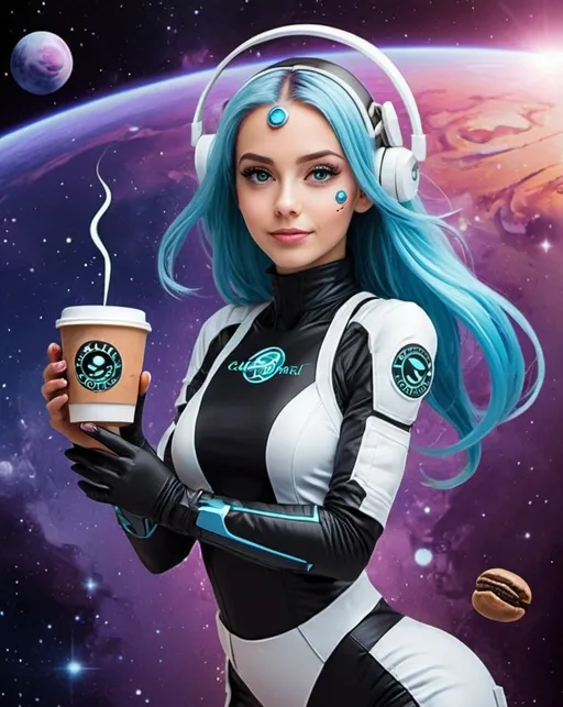 Prompt: Create a promotional poster design for a business called, GALAXY GIRL COFFEE,  (custom boutique coffee bean roasteria) WITH futuristic ANIME  SPACE THEME