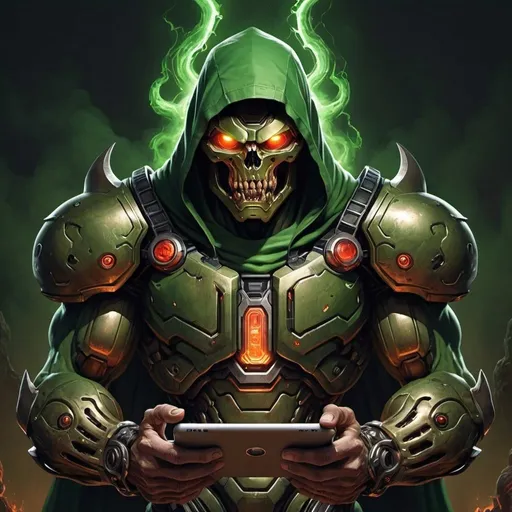 Prompt: A nefarious evil life Time stealing villain character called Doom scroller because he clickbait tricks people into scrolling for hours on end on their devices until their life energy is over