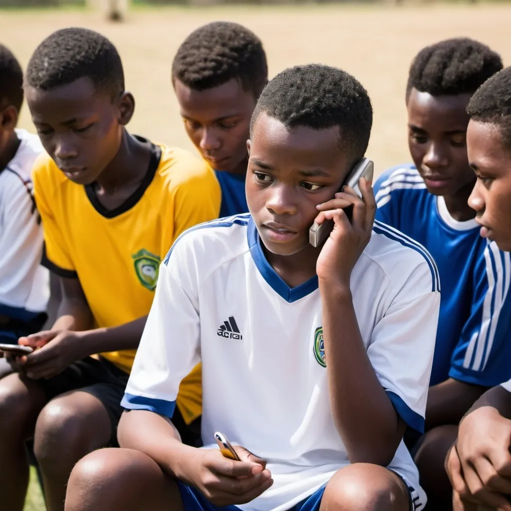 Prompt: Photograph of a 14-year-old young African soccer player after practice making a call on the cell phone with his teammates gathered around listening intently. 