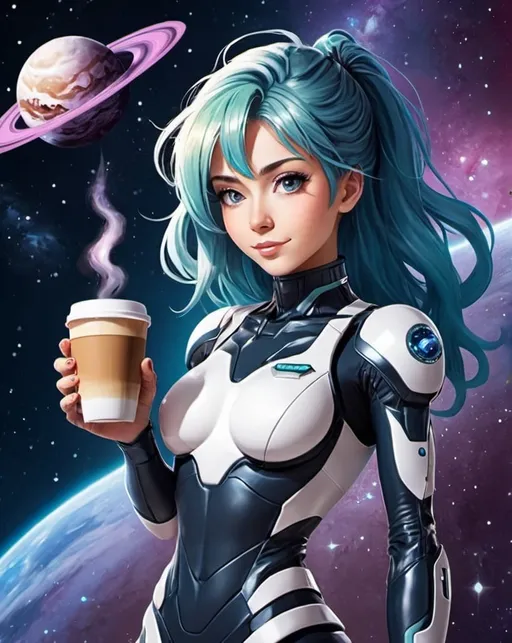 Prompt: Create a promotional poster design for a business called, GALAXY GIRL COFFEE, WITH futuristic ANIME  SPACE THEME