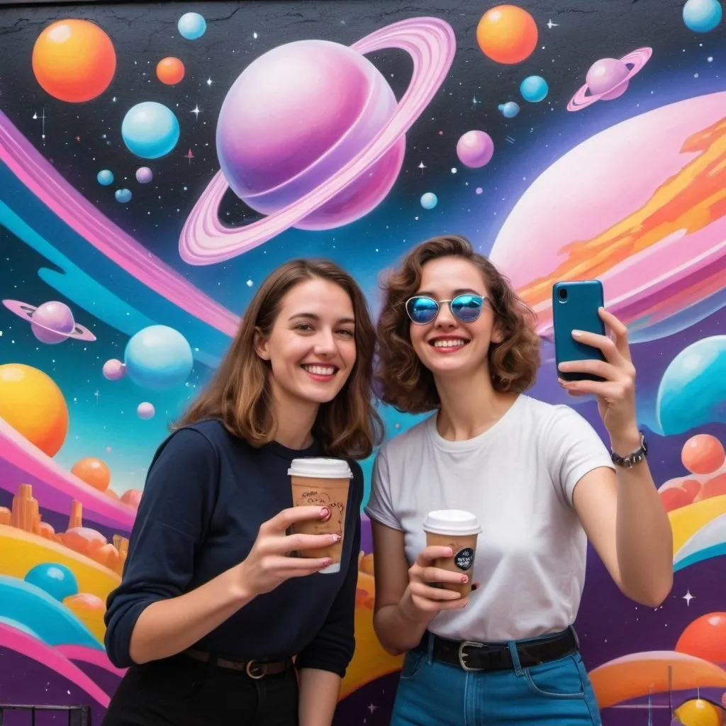 Prompt: persons downtown posing for selfies in front of a brightly colored 1980s retro space futurism cartoon themed mural advertisement for Galaxy  Girl Coffee, with telepathic song  bubble message from Galaxy Girl saying, "May you enjoy our delicious free birthday drinks & many more because just like us - you're a STAR, just the way you are!" 