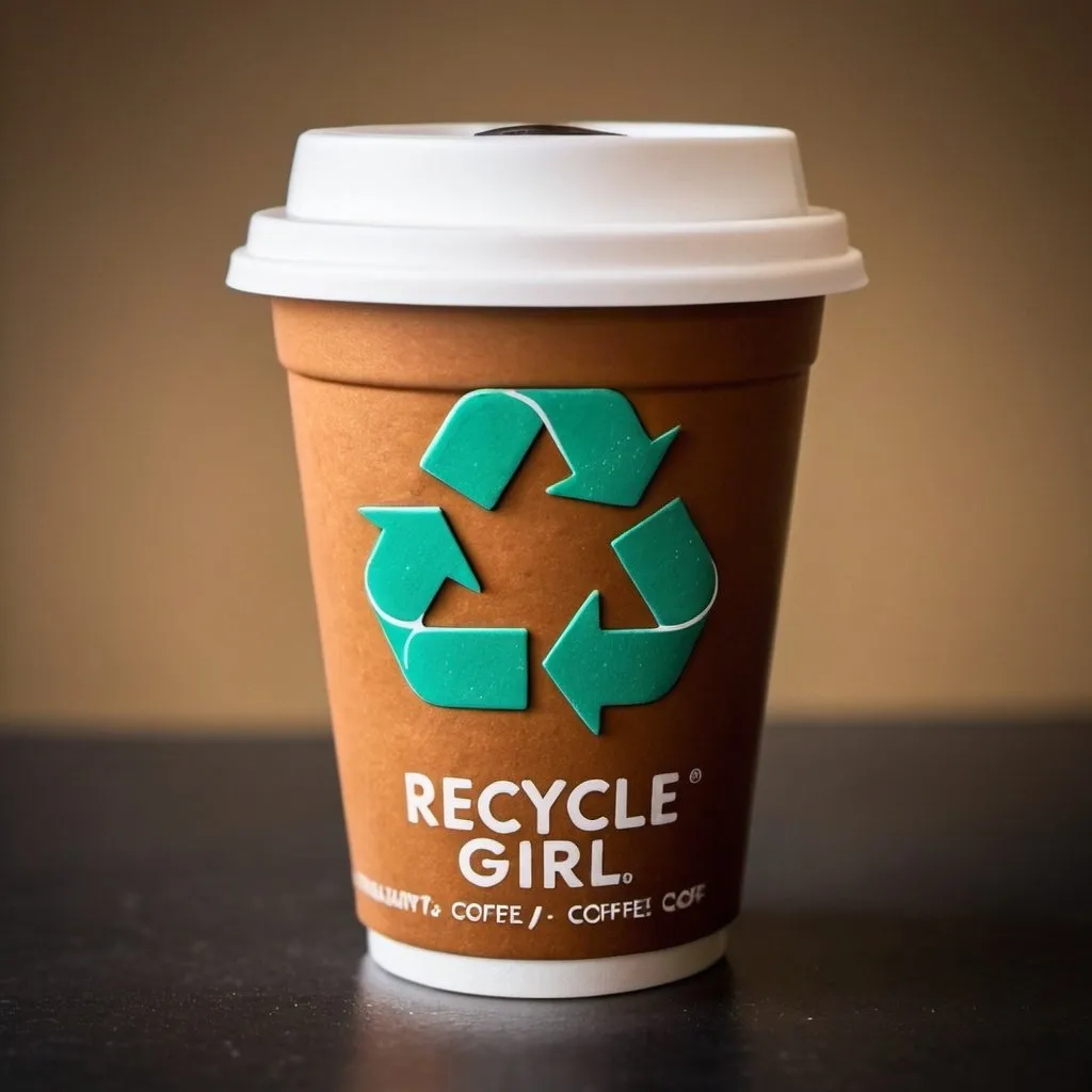 Prompt: A disposable to-go cup of coffee with  "recycle" symbol on front of it from Galaxy Girl Coffee. macro lens, food product photography