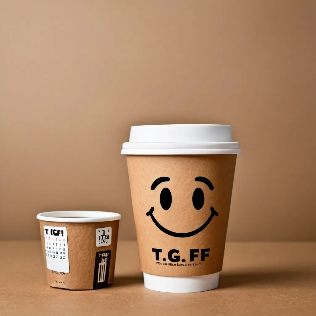 Prompt: A cardboard to-go coffee cup with a happy face that says, "T.G.I.F." on the side of the cup. background weekly calendar showing Friday, festive food product photography