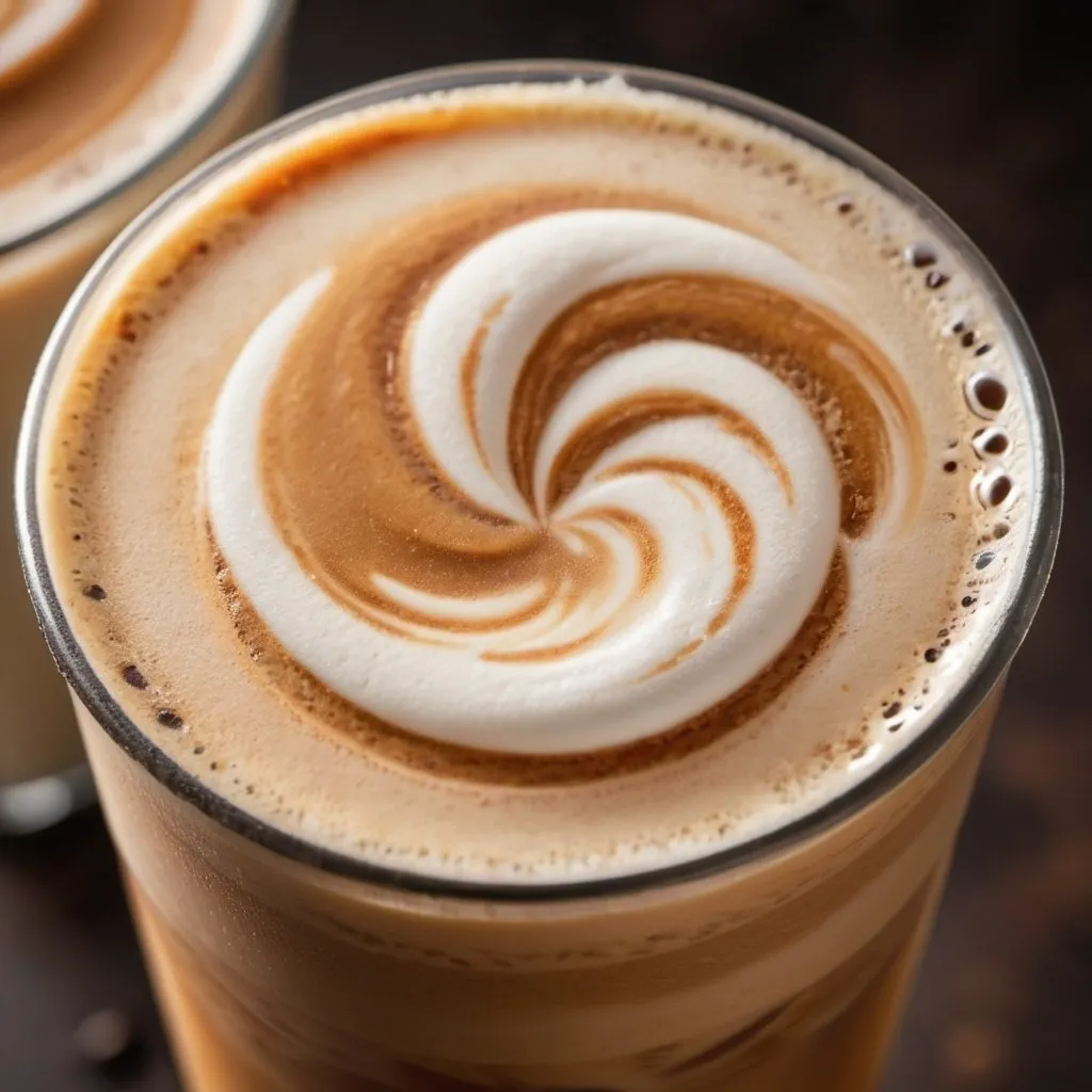 Prompt: A ice cold caramel latte closeup, detailed texture and details. macro lens, food product photography