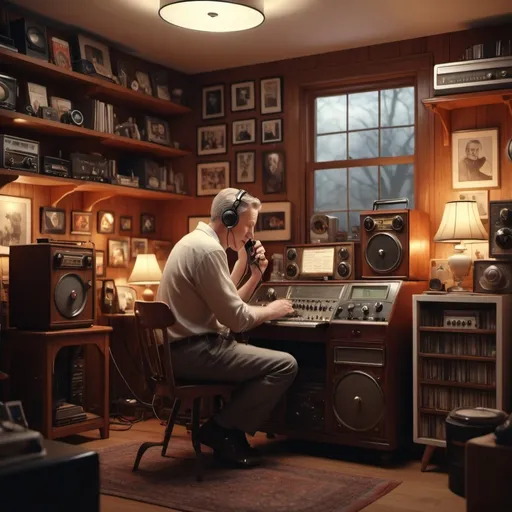 Prompt: Photograph of a memorial white man broadcasting an online radio station from his home studiowhile  answering the phone