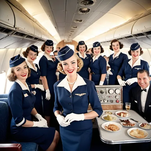 Prompt: Photograph of w vintage 1950s flight crew attendants in navy blue on a jumbo jet with a jazz band playing in first class, enjoying. 